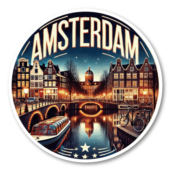 Radiant Sticker AMSTERDAM 夜景ステッカー 丸型 運河と橋のライトアップデザイン チャーミングな夜の街をデコレーション ステッカー100mm