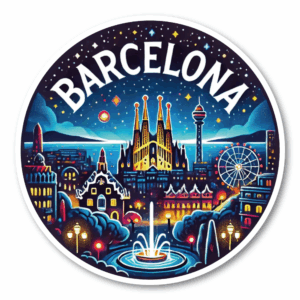 Radiant Sticker BARCELONA 夜景ステッカー 丸型 サグラダ・ファミリア＆モンジュイックの噴水デザイン アートと夜景を楽しむ ステッカー100mm