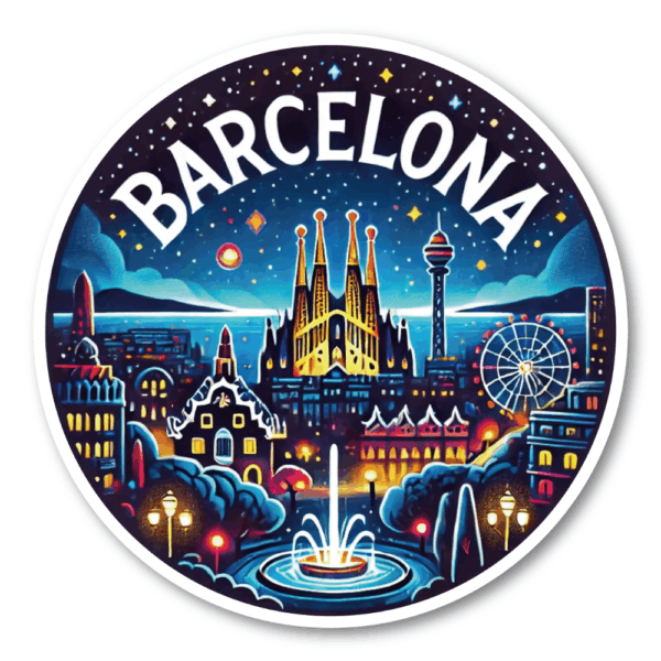 Radiant Sticker BARCELONA 夜景ステッカー 丸型 サグラダ・ファミリア＆モンジュイックの噴水デザイン アートと夜景を楽しむ ステッカー100mm