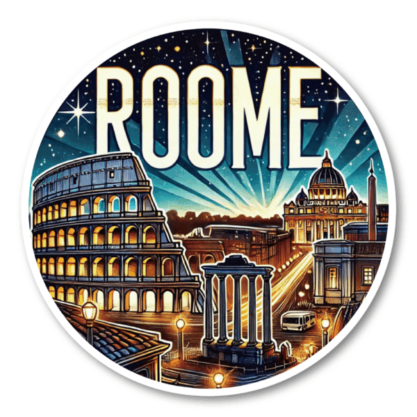 Radiant Sticker ROME 夜景ステッカー 丸型 コロッセオ＆バチカンデザイン 永遠の都の夜を飾る ステッカー100mm