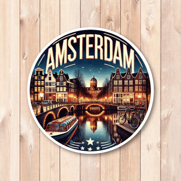 Radiant Sticker AMSTERDAM 夜景ステッカー 丸型 運河と橋のライトアップデザイン チャーミングな夜の街をデコレーション ステッカー100mm - 画像 (4)