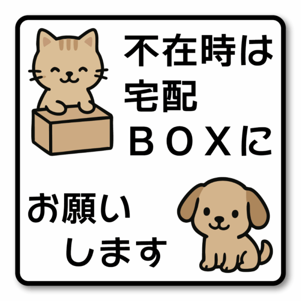 Radiant Sticker 不在時は宅配BOXにお願いします ステッカー 可愛い猫と犬イラスト付き 配達指示シール 玄関用 屋外対応 100×100mm ホワイト