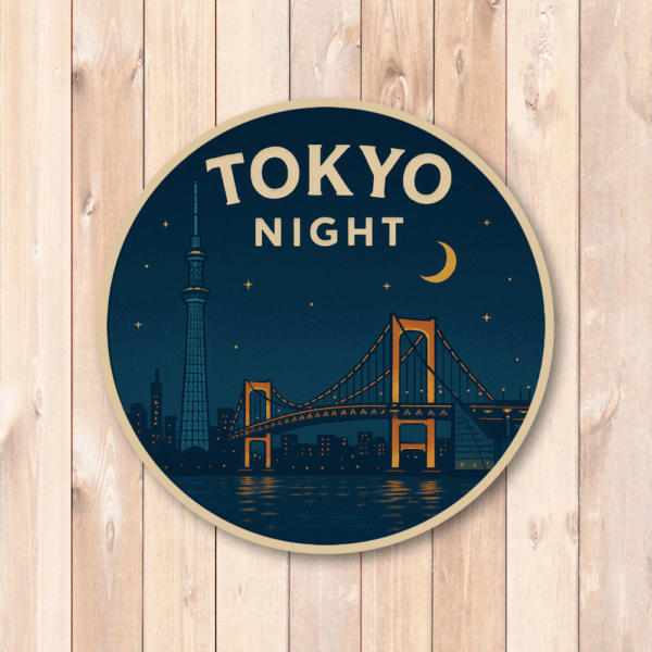 Radiant Sticker 日本の都市夜景ステッカー｜レトロ風デザイン 円形ビニールシール 旅行・お土産に最適 全8種バリエーション 東京 - 画像 (2)