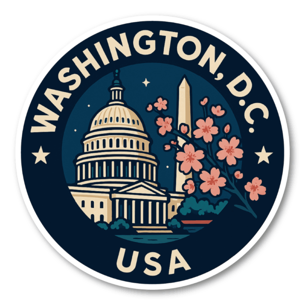 USA シティ トラベルステッカー 丸型 防水・耐UV 車・タブレット・スーツケース用 - WASHINGTON D.C.