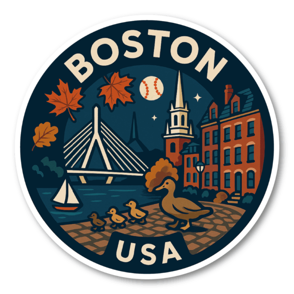 USA シティ トラベルステッカー 丸型 防水・耐UV 車・タブレット・スーツケース用 - BOSTON