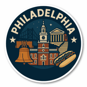 USA シティ トラベルステッカー 丸型 防水・耐UV 車・タブレット・スーツケース用 - PHILADELPHIA