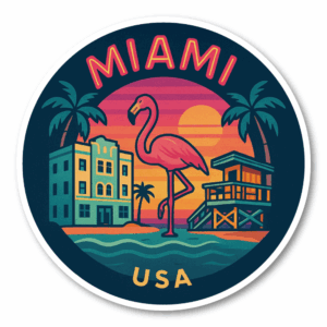 USA シティ トラベルステッカー 丸型 防水・耐UV 車・タブレット・スーツケース用 - MIAMI