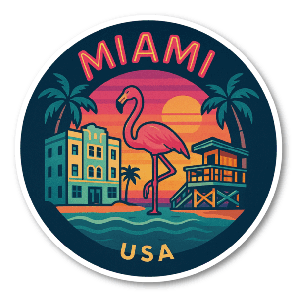 USA シティ トラベルステッカー 丸型 防水・耐UV 車・タブレット・スーツケース用 - MIAMI