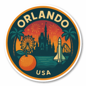 USA シティ トラベルステッカー 丸型 防水・耐UV 車・タブレット・スーツケース用 - ORLANDO