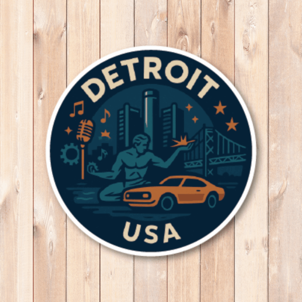 USA ミッドウエスト・シティ 丸型トラベルステッカー 防水・耐UV 車・タブレット・ボトル・スーツケース用 - DETROIT - 画像 (2)