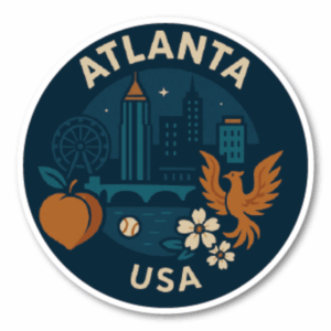 USA サウス＆テキサス 丸型トラベルステッカー 防水・耐UV 車・タブレット・ボトル・スーツケース用 - ATLANTA