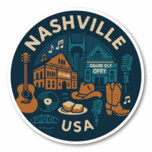 USA サウス＆テキサス 丸型トラベルステッカー 防水・耐UV 車・タブレット・ボトル・スーツケース用 - NASHVILLE