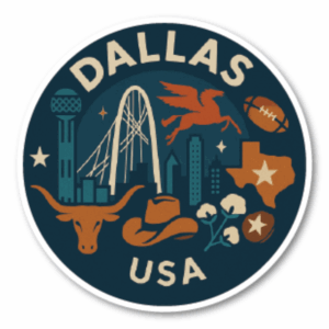 USA サウス＆テキサス 丸型トラベルステッカー 防水・耐UV 車・タブレット・ボトル・スーツケース用 - DALLAS
