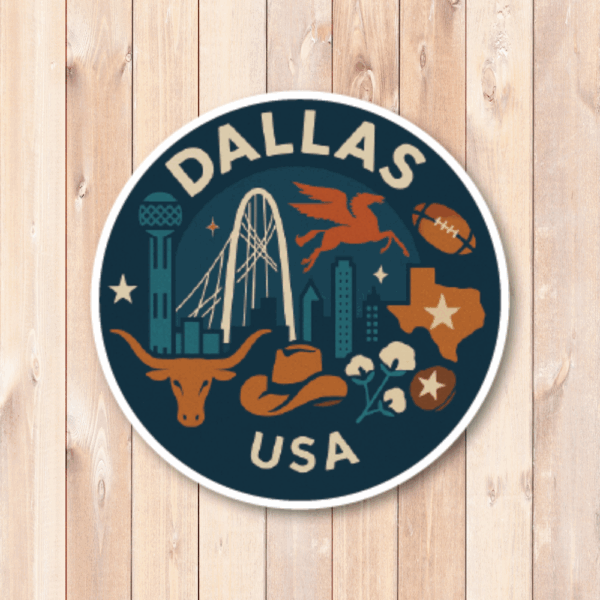 USA サウス＆テキサス 丸型トラベルステッカー 防水・耐UV 車・タブレット・ボトル・スーツケース用 - DALLAS - 画像 (2)