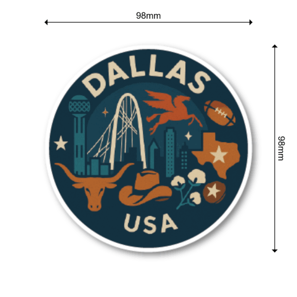 USA サウス＆テキサス 丸型トラベルステッカー 防水・耐UV 車・タブレット・ボトル・スーツケース用 - DALLAS - 画像 (3)
