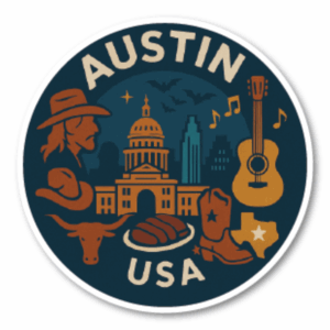 USA サウス＆テキサス 丸型トラベルステッカー 防水・耐UV 車・タブレット・ボトル・スーツケース用 - AUSTIN