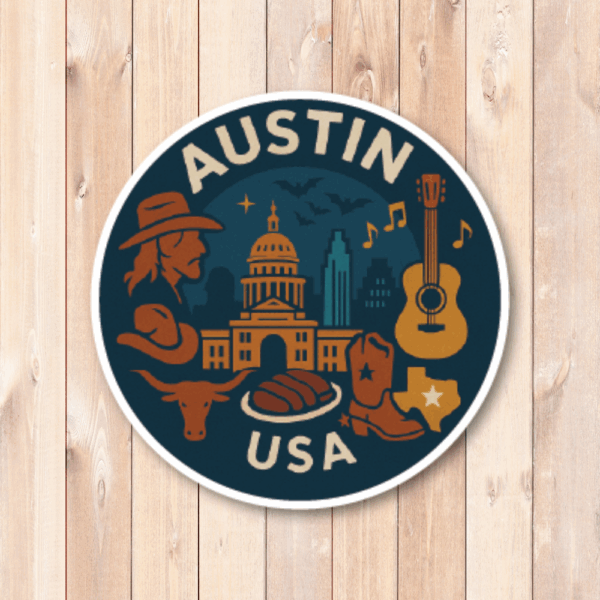 USA サウス＆テキサス 丸型トラベルステッカー 防水・耐UV 車・タブレット・ボトル・スーツケース用 - AUSTIN - 画像 (2)