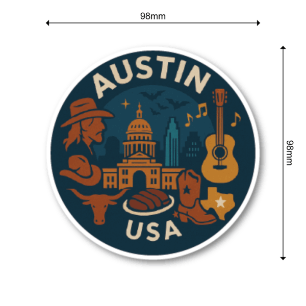 USA サウス＆テキサス 丸型トラベルステッカー 防水・耐UV 車・タブレット・ボトル・スーツケース用 - AUSTIN - 画像 (3)