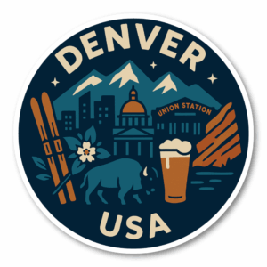 USA マウンテン＆デザート 丸型トラベルステッカー 防水・耐UV 車・タブレット・ボトル・スーツケース用 - DENVER