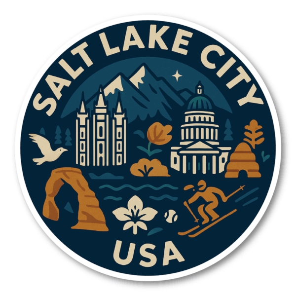 USA マウンテン＆デザート 丸型トラベルステッカー 防水・耐UV 車・タブレット・ボトル・スーツケース用 - SALT LAKE CITY