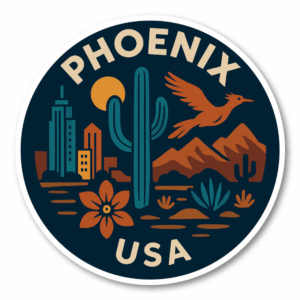 USA マウンテン＆デザート 丸型トラベルステッカー 防水・耐UV 車・タブレット・ボトル・スーツケース用 - PHOENIX