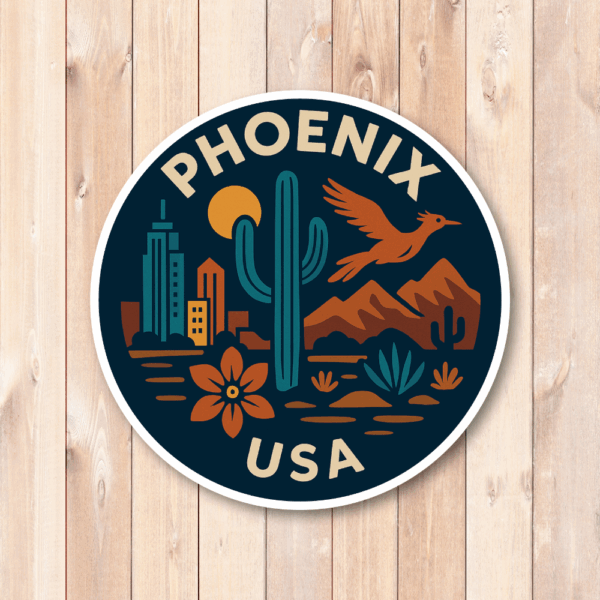 USA マウンテン＆デザート 丸型トラベルステッカー 防水・耐UV 車・タブレット・ボトル・スーツケース用 - PHOENIX - 画像 (2)