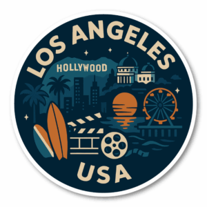 USA ウエストコースト＆ハワイ 丸型トラベルステッカー 防水・耐UV 車・タブレット・ボトル・スーツケース用 - LOS ANGELES