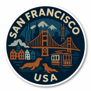 USA ウエストコースト＆ハワイ 丸型トラベルステッカー 防水・耐UV 車・タブレット・ボトル・スーツケース用 - SAN FRANCISCO