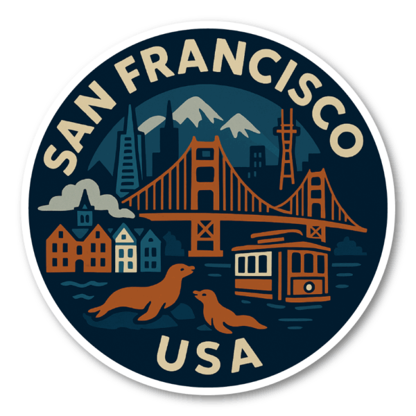 USA ウエストコースト＆ハワイ 丸型トラベルステッカー 防水・耐UV 車・タブレット・ボトル・スーツケース用 - SAN FRANCISCO