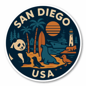 USA ウエストコースト＆ハワイ 丸型トラベルステッカー 防水・耐UV 車・タブレット・ボトル・スーツケース用 - SAN DIEGO