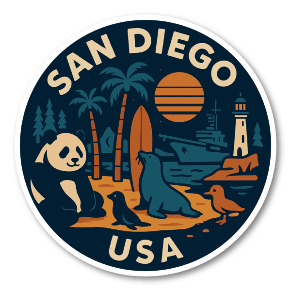 USA ウエストコースト＆ハワイ 丸型トラベルステッカー 防水・耐UV 車・タブレット・ボトル・スーツケース用 - SAN DIEGO