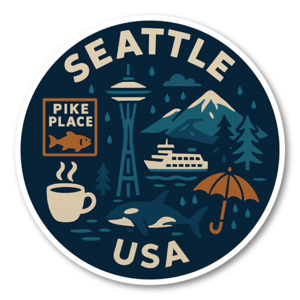 USA ウエストコースト＆ハワイ 丸型トラベルステッカー 防水・耐UV 車・タブレット・ボトル・スーツケース用 - SEATTLE