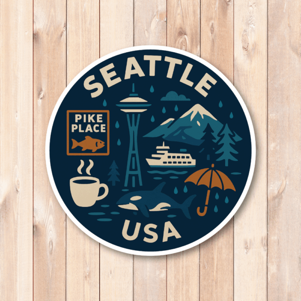 USA ウエストコースト＆ハワイ 丸型トラベルステッカー 防水・耐UV 車・タブレット・ボトル・スーツケース用 - SEATTLE - 画像 (2)