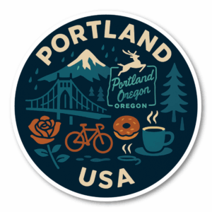 USA ウエストコースト＆ハワイ 丸型トラベルステッカー 防水・耐UV 車・タブレット・ボトル・スーツケース用 - PORTLAND