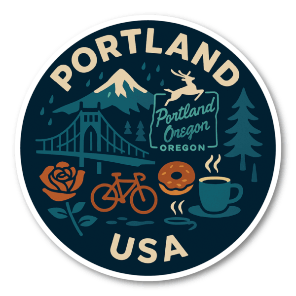 USA ウエストコースト＆ハワイ 丸型トラベルステッカー 防水・耐UV 車・タブレット・ボトル・スーツケース用 - PORTLAND
