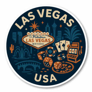 USA ウエストコースト＆ハワイ 丸型トラベルステッカー 防水・耐UV 車・タブレット・ボトル・スーツケース用 - LAS VEGAS