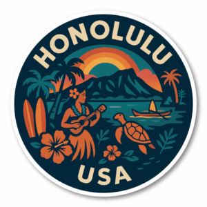 USA ウエストコースト＆ハワイ 丸型トラベルステッカー 防水・耐UV 車・タブレット・ボトル・スーツケース用 - HONOLULU