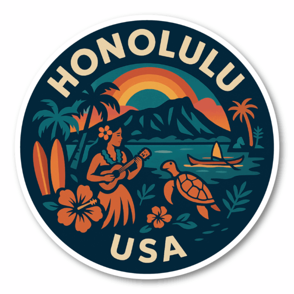 USA ウエストコースト＆ハワイ 丸型トラベルステッカー 防水・耐UV 車・タブレット・ボトル・スーツケース用 - HONOLULU