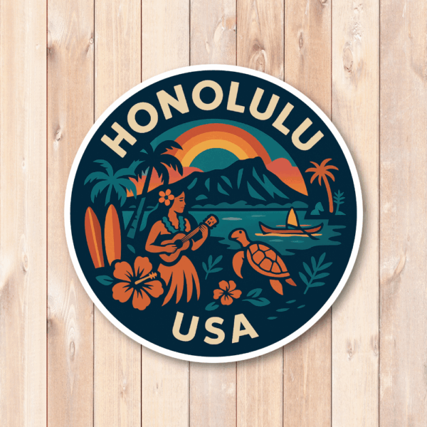 USA ウエストコースト＆ハワイ 丸型トラベルステッカー 防水・耐UV 車・タブレット・ボトル・スーツケース用 - HONOLULU - 画像 (2)