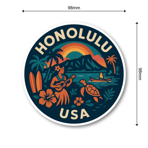 USA ウエストコースト＆ハワイ 丸型トラベルステッカー 防水・耐UV 車・タブレット・ボトル・スーツケース用 - HONOLULU - 画像 (3)