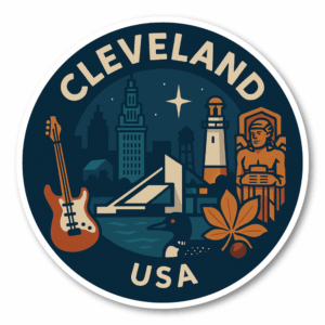 USA ミッドウエスト・シティ 丸型トラベルステッカー 防水・耐UV 車・タブレット・ボトル・スーツケース用 - CLEVELAND