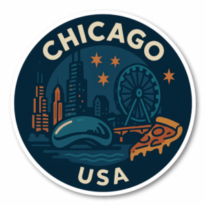 USA ミッドウエスト・シティ 丸型トラベルステッカー 防水・耐UV 車・タブレット・ボトル・スーツケース用 - CHICAGO