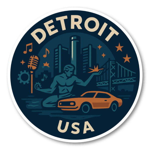 USA ミッドウエスト・シティ 丸型トラベルステッカー 防水・耐UV 車・タブレット・ボトル・スーツケース用 - DETROIT