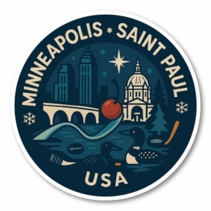 USA ミッドウエスト・シティ 丸型トラベルステッカー 防水・耐UV 車・タブレット・ボトル・スーツケース用 - MINNEAPOLIS–SAINT PAUL