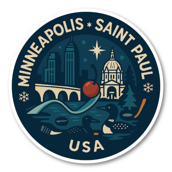 USA ミッドウエスト・シティ 丸型トラベルステッカー 防水・耐UV 車・タブレット・ボトル・スーツケース用 - MINNEAPOLIS–SAINT PAUL
