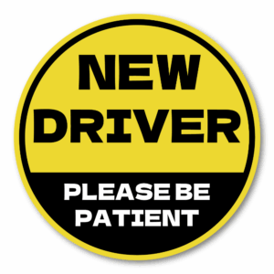 NEW DRIVER ステッカー 120×120mm 丸型｜Please Be Patient｜新米ドライバー/若葉サポート/車後方注意｜耐水・耐候ラミネート・屋外用 - イエロー×ブラック