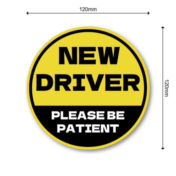 NEW DRIVER ステッカー 120×120mm 丸型｜Please Be Patient｜新米ドライバー/若葉サポート/車後方注意｜耐水・耐候ラミネート・屋外用 - イエロー×ブラック - 画像 (3)