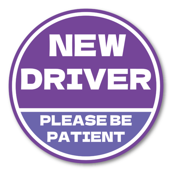 NEW DRIVER ステッカー 120×120mm 丸型｜Please Be Patient｜新米ドライバー/若葉サポート/車後方注意｜耐水・耐候ラミネート・屋外用 - パープル