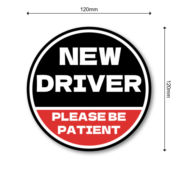 NEW DRIVER ステッカー 120×120mm 丸型｜Please Be Patient｜新米ドライバー/若葉サポート/車後方注意｜耐水・耐候ラミネート・屋外用 - ブラック×レッド - 画像 (3)