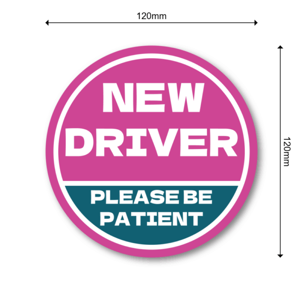 NEW DRIVER ステッカー 120×120mm 丸型｜Please Be Patient｜新米ドライバー/若葉サポート/車後方注意｜耐水・耐候ラミネート・屋外用 - ピンク × ダークシアン - 画像 (3)